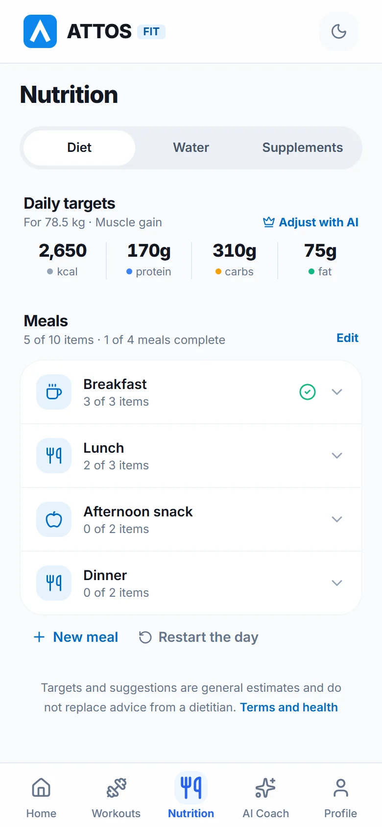 Diet, water and supplements in one place