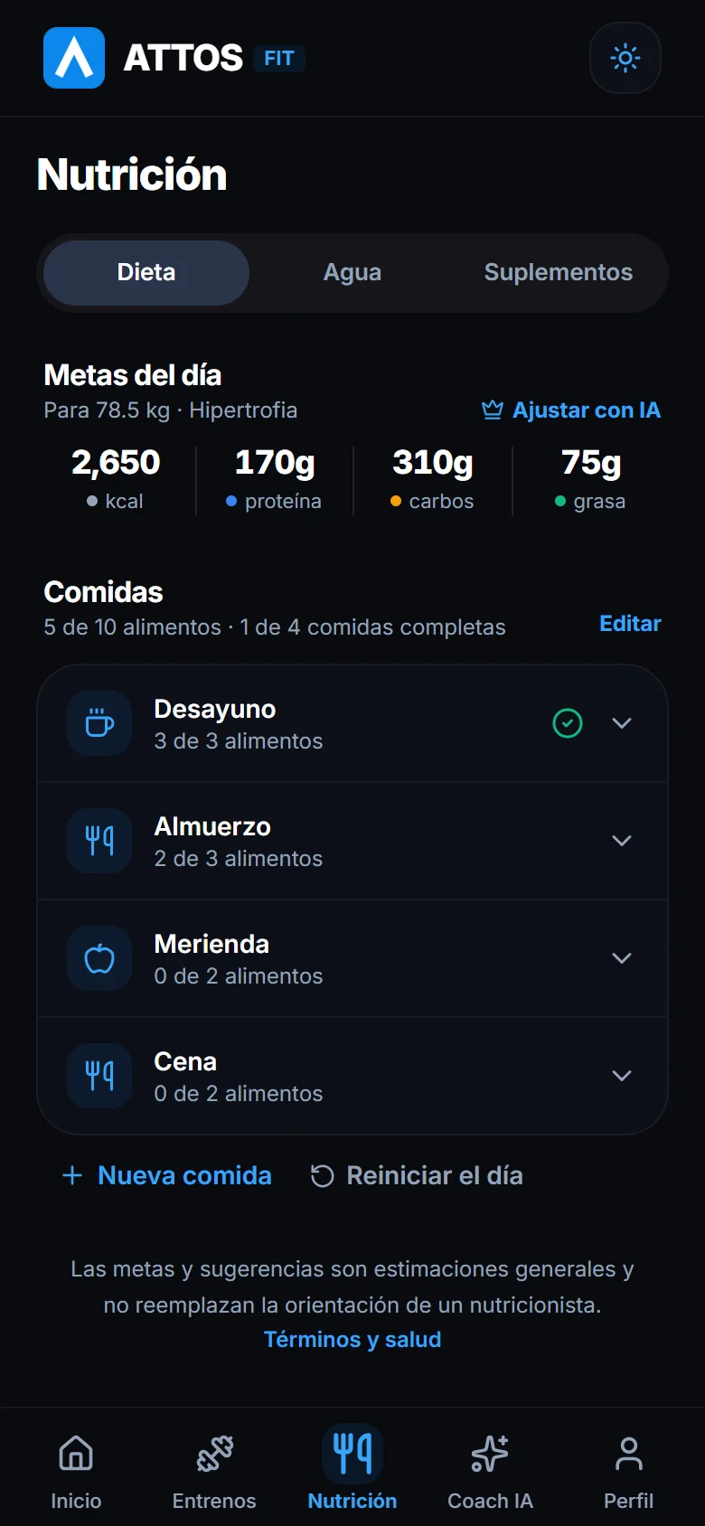 Dieta, agua y suplementos en un solo lugar