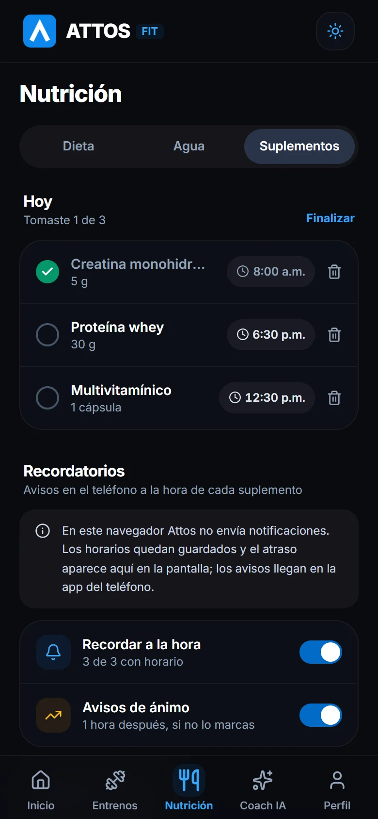 Recordatorios de suplementos y edición de la lista