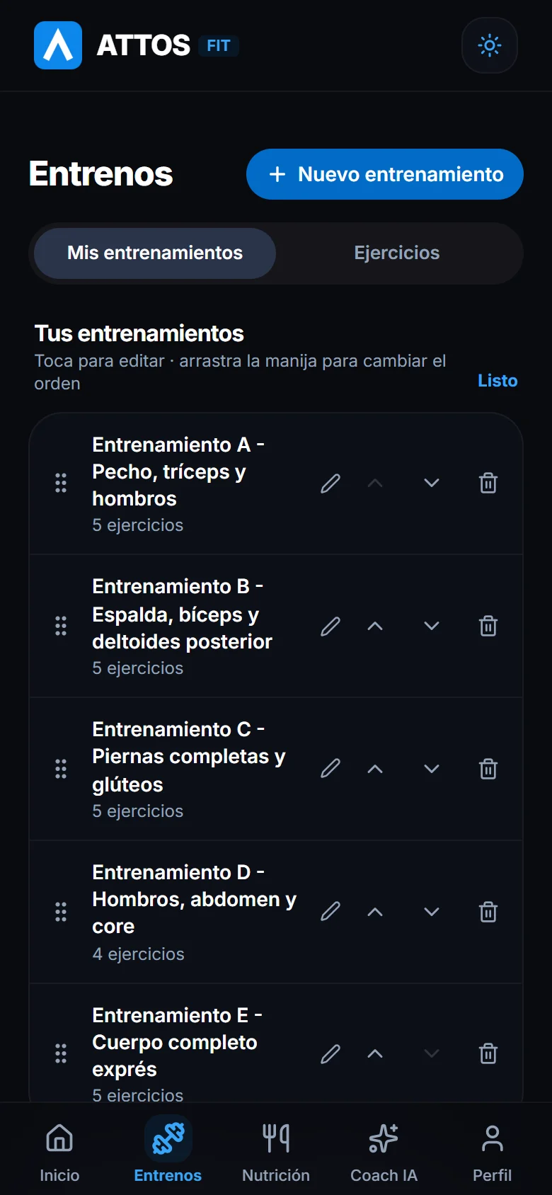 Reordena o elimina entrenamientos