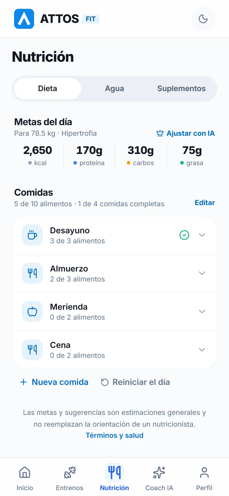 Dieta, agua y suplementos en un solo lugar