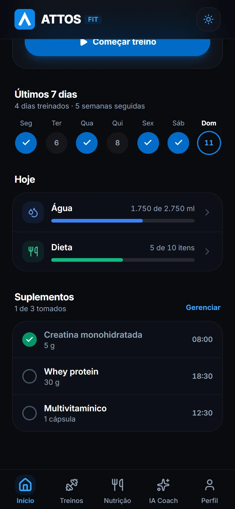 Acompanhe água, dieta e suplementos do dia
