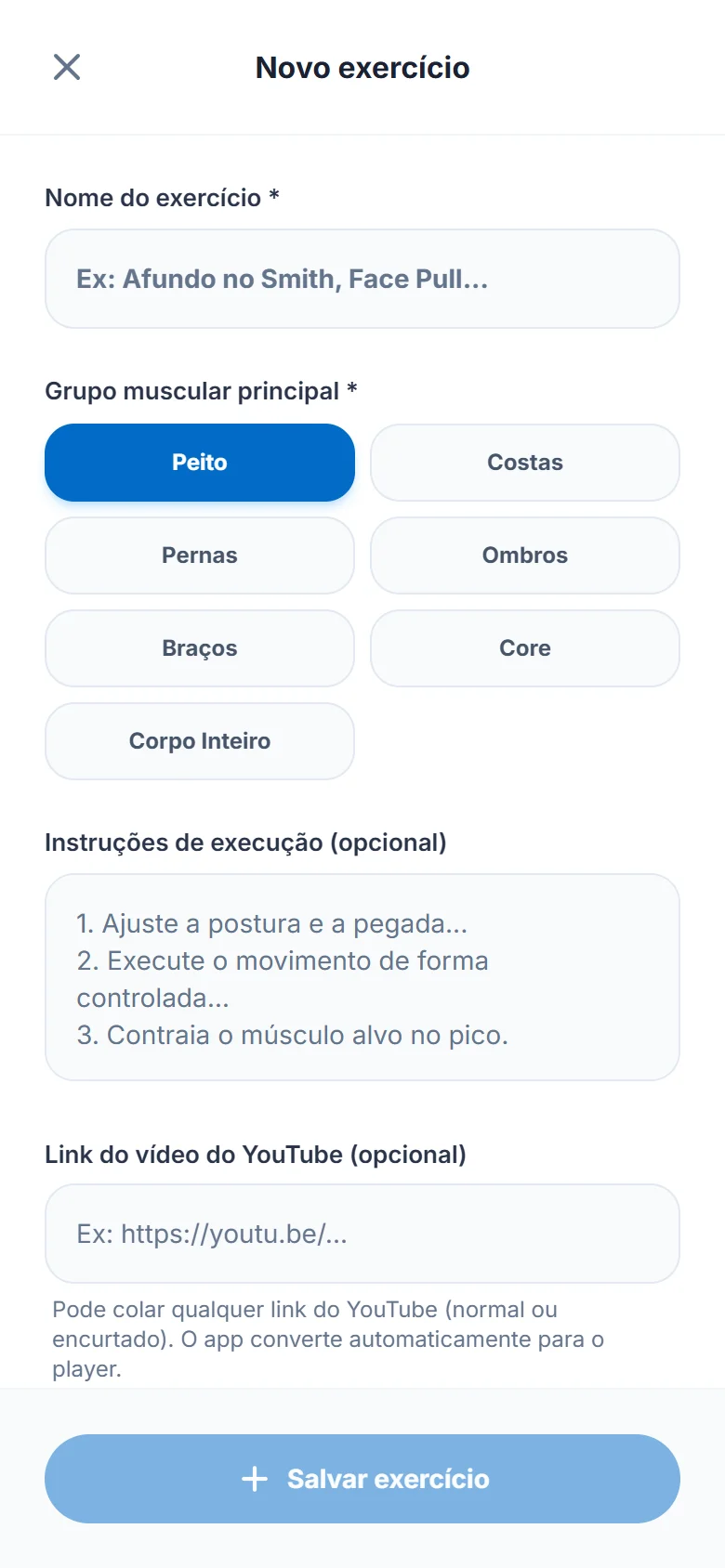 Cadastre um exercício seu