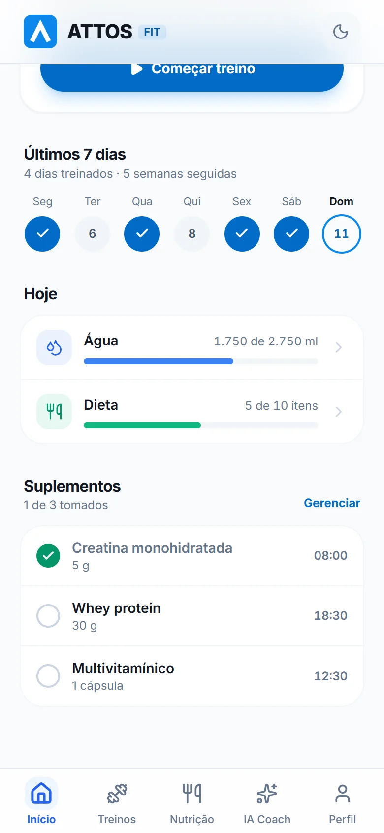 Acompanhe água, dieta e suplementos do dia