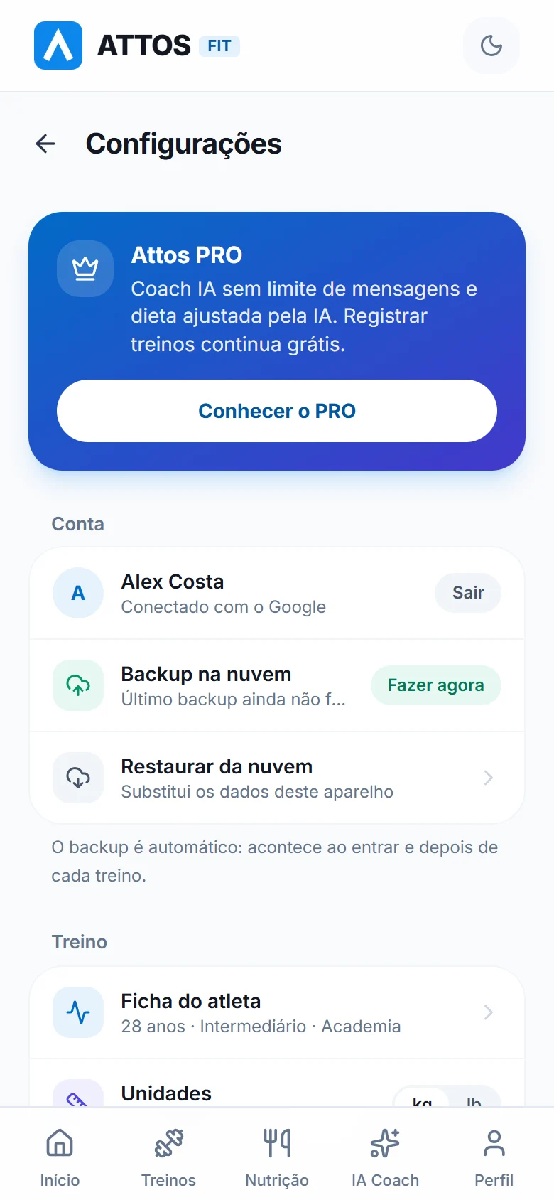 Conta e backup na nuvem