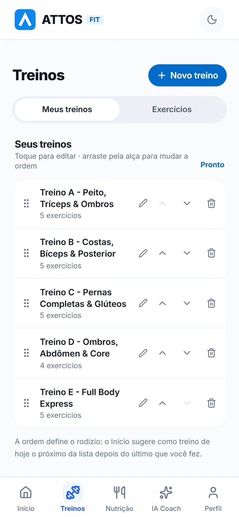 Reordene ou exclua treinos